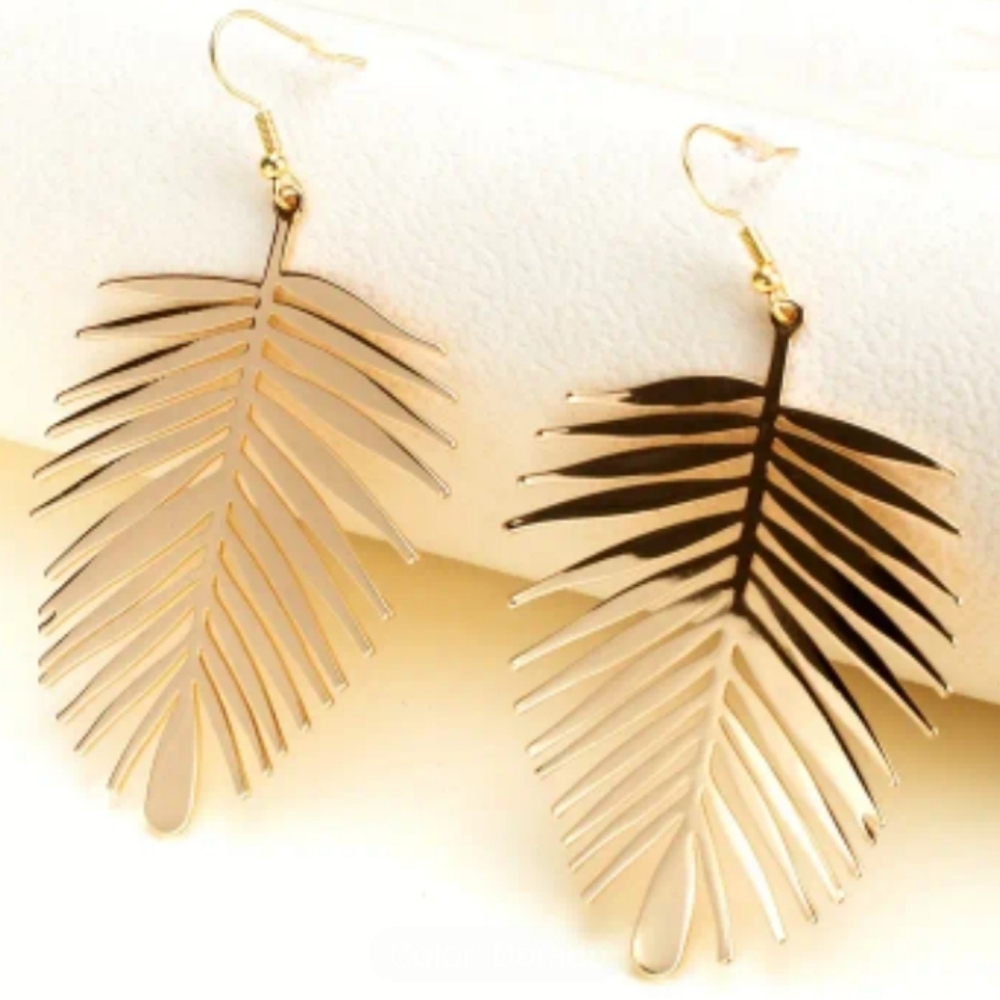 New! Statement Gold Plated Leaf Dangle Hook Earri… - image 4